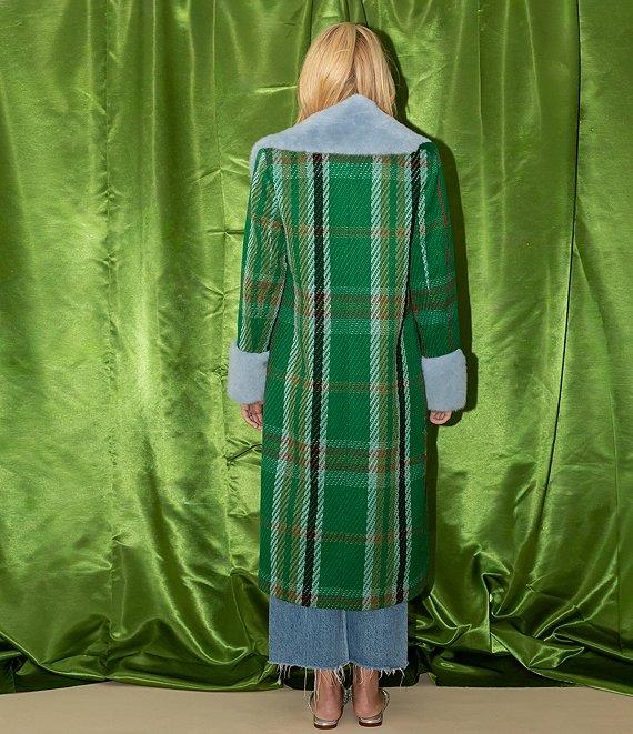 Antonio Melani x The Nat Note Patsy Textured Plaid Tweed Peter Pan Faux Fur Collar Trench Coat Product Image