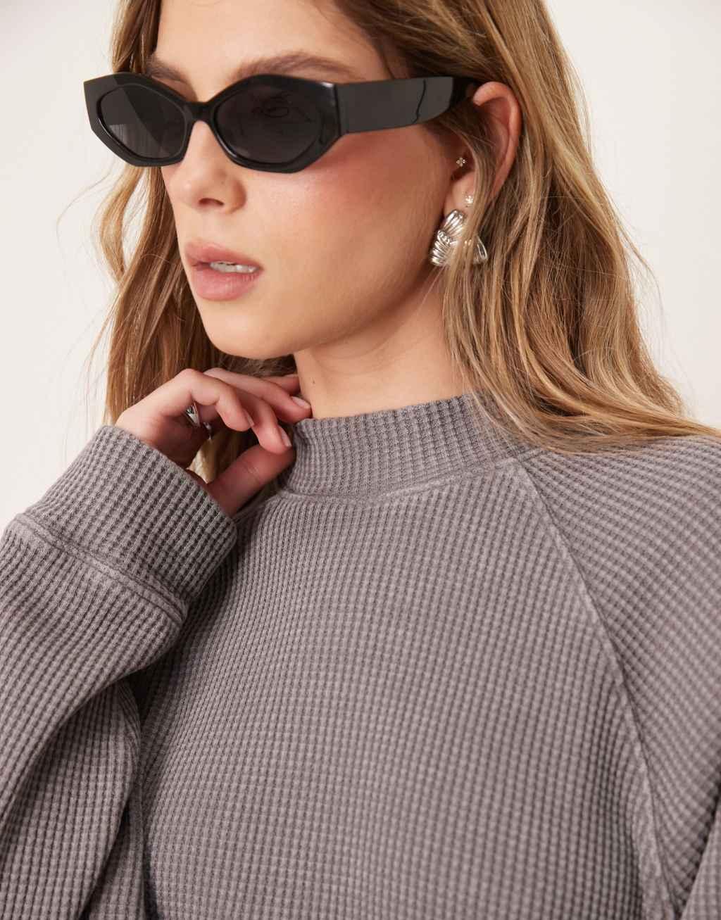 ASOS DESIGN heavyweight raglan high neck long sleeve waffle top in washed gray Product Image