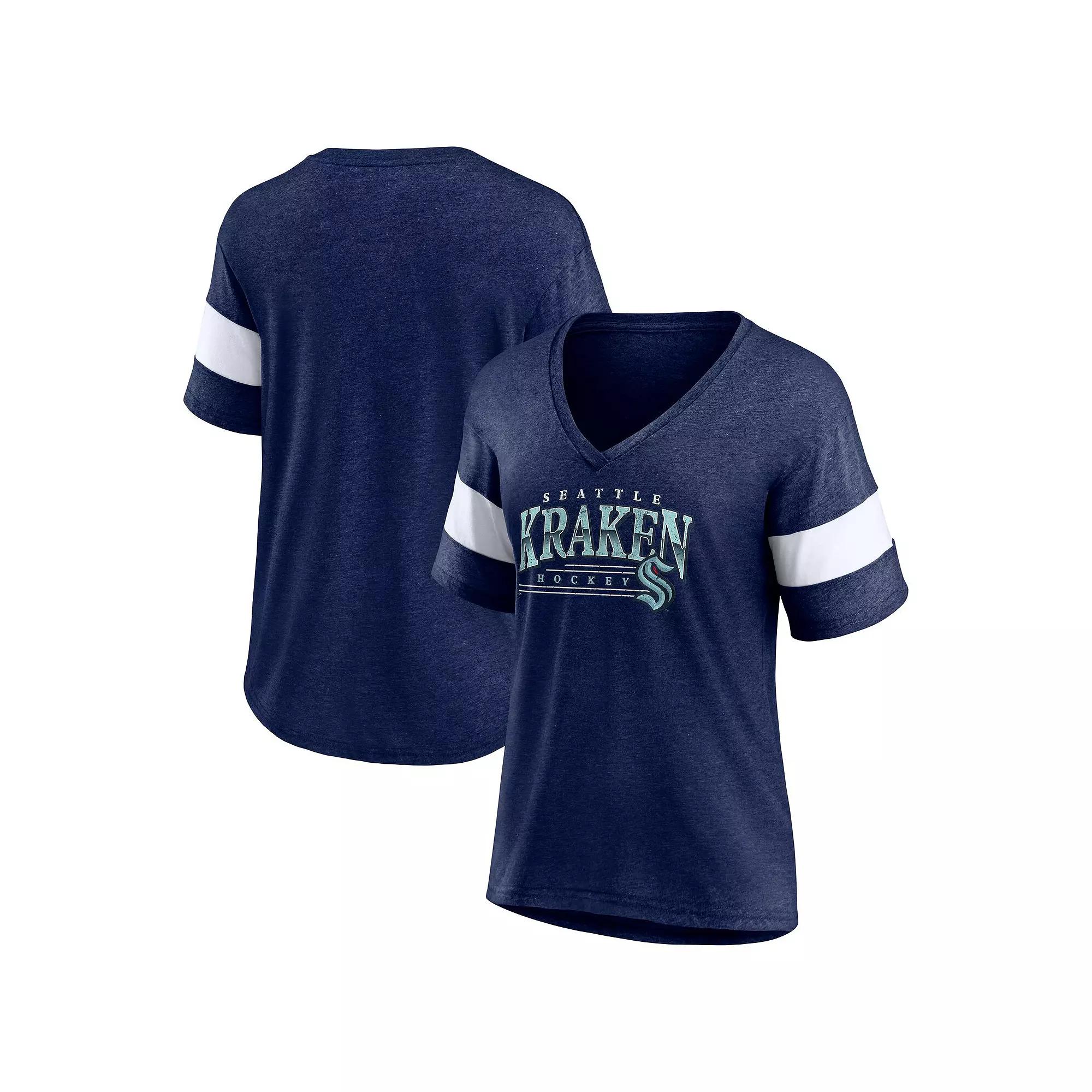 Women's Fanatics Heather Deep Sea Blue Seattle Kraken Clapper V-Neck Half-Sleeve T-Shirt,  Product Image