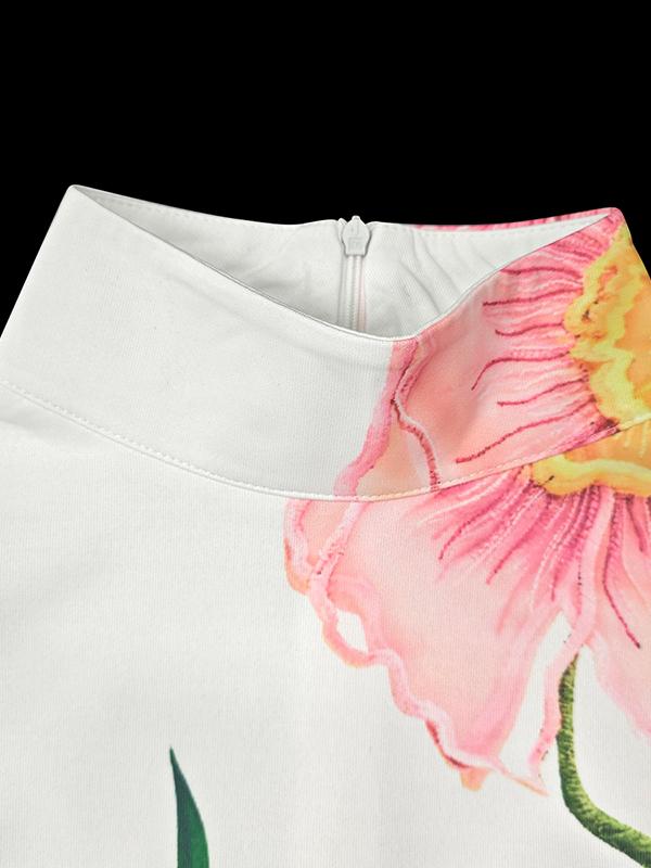 Long Sleeves Loose Flower Print High Neck Midi Dresses Product Image