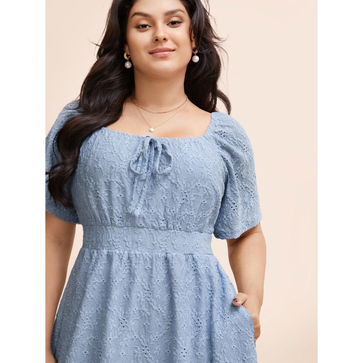 Plus Size Textured Bowknot Ruffle Sleeve Dress Stone Women Elegant Tie knot Square Neck Short sleeve Curvy BloomChic 26/4X Product Image