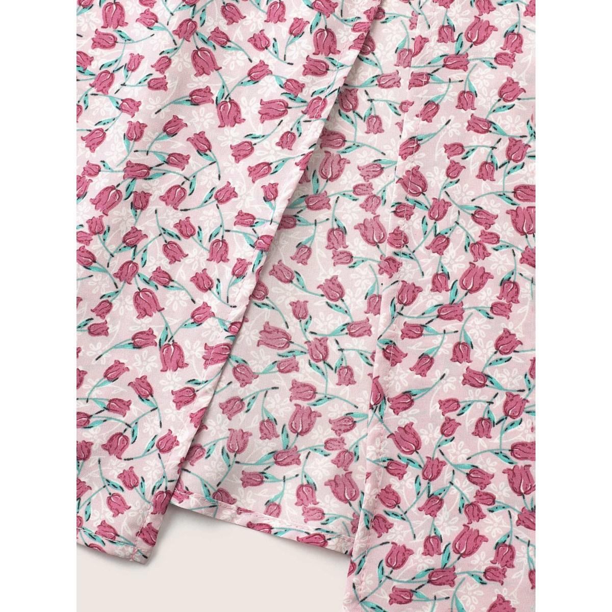 Plus Size Ditsy Floral Tie Neck Elastic Waist Dress Pink Women Elegant Non V-neck Half Sleeve Curvy Midi Dress BloomChic 28/5X Product Image