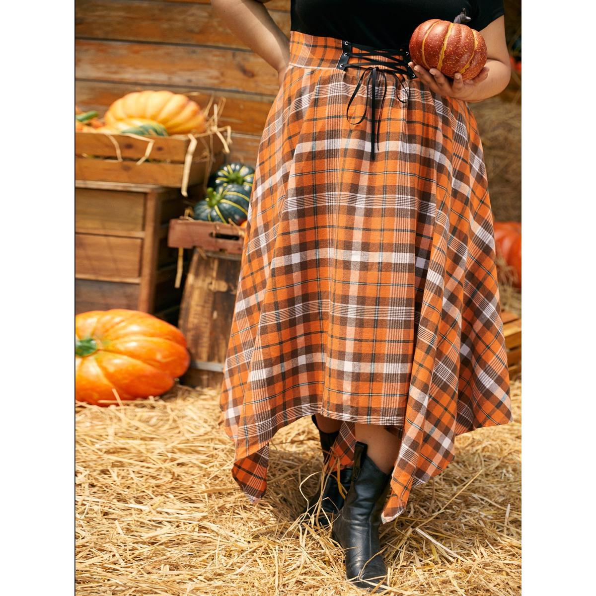 Plus Size Elastic Plaid Asymmetrical Hem Dress Brightorange Women Cocktail Wraparound straps Party Curvy Bloomchic 26/4X Product Image