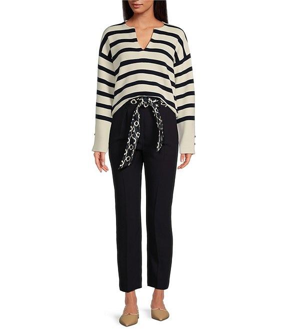 Tara Jarmon Plongeoir Wool Knit Stripe V-Neck Long Sleeve Button Cuff Sweater Product Image