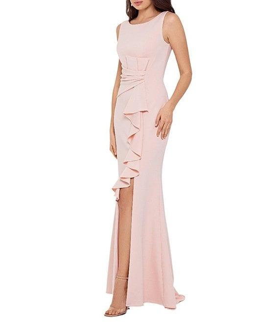 Betsy & Adam Petite Size Sleeveless Boat Neck Front Ruffle Gown Product Image
