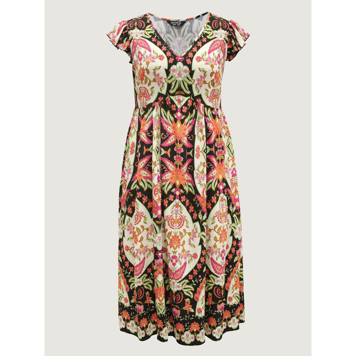 Plus Size Floral Print Ruffled Sleeve V-Neck Midi Dress Black Women Boho V-neck Cap Sleeve Curvy BloomChic 10/M Product Image
