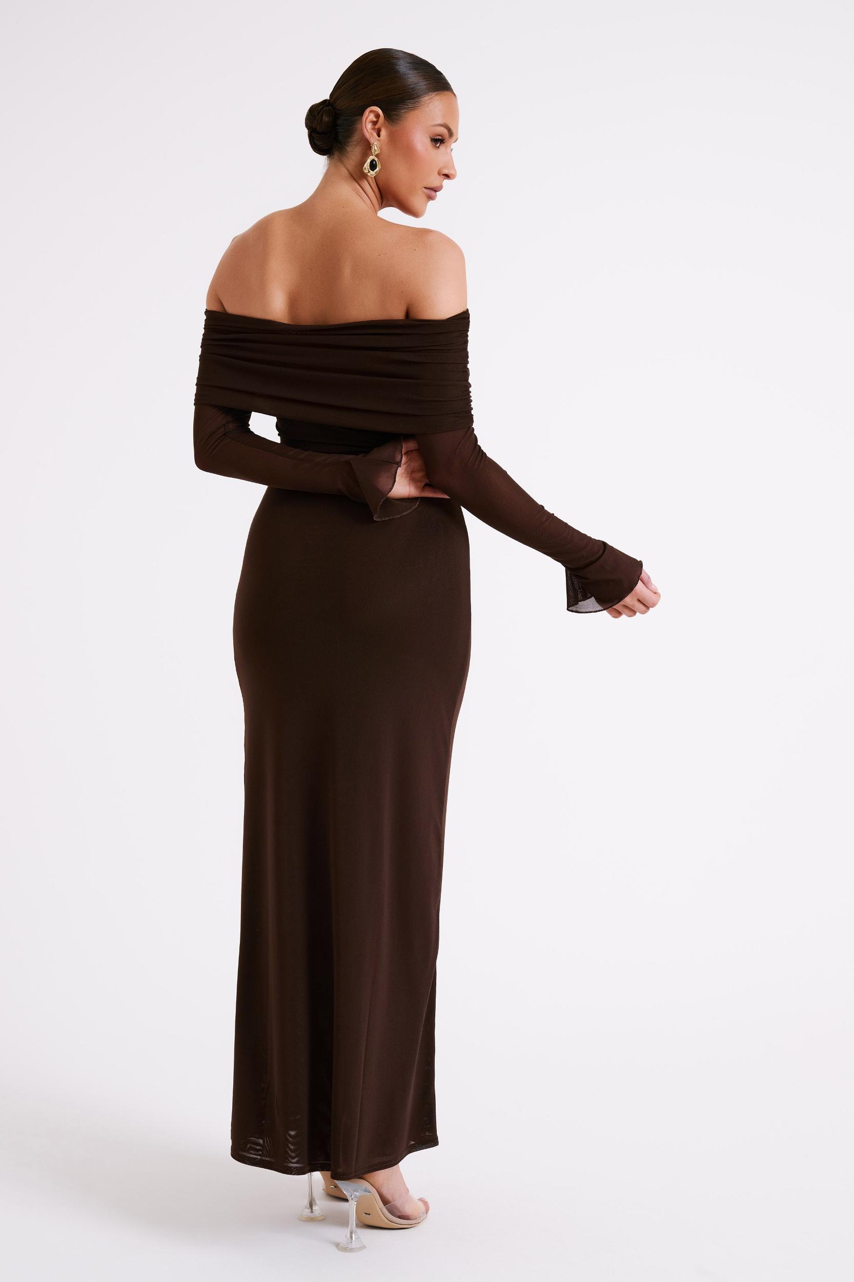 Josie Off Shoulder Mesh Maxi Dress - Dark Brown Product Image