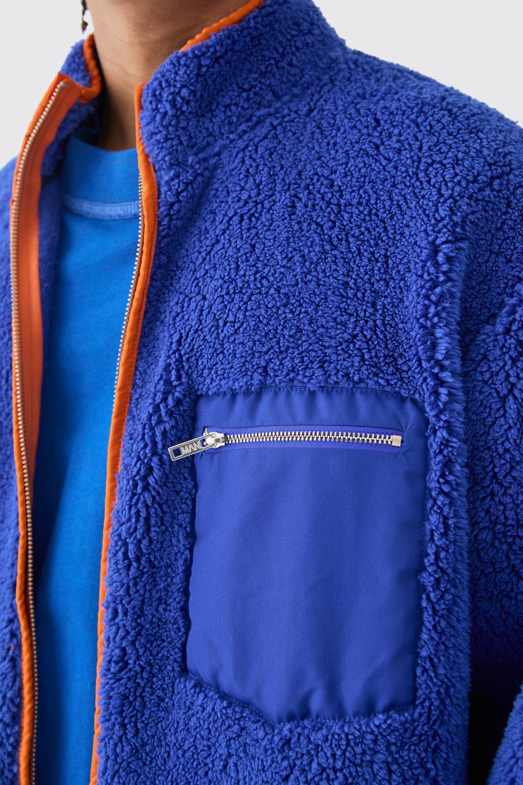 Oversized Contrast Borg Jacket | boohooMAN USA Product Image