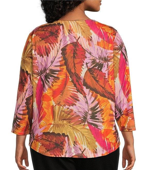 Allison Daley Plus Size Burnt Ochre Leafy Toss Print Embellished 3/4 Ruched Sleeve Crew Neck Knit Top Product Image