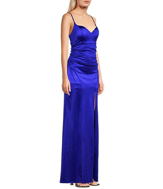 Honey and Rosie Spaghetti Strap V-Neck Royal Sateen Dress Product Image