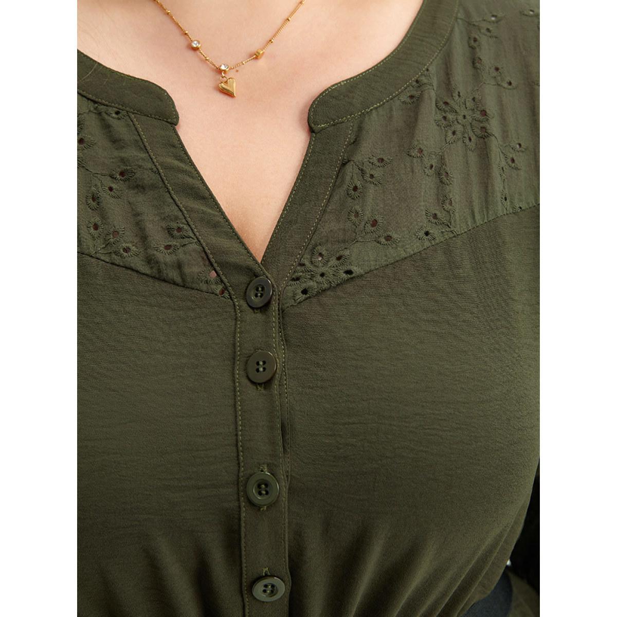 Plus Size Solid Notched Eyelet Patchwork Dress ArmyGreen Women Office Elastic cuffs Notched collar Elbow-length sleeve Curvy Midi Dress BloomChic 10/M Product Image