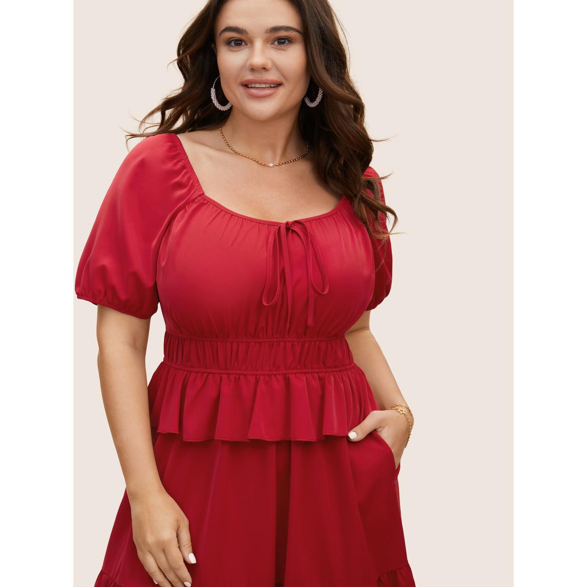 Plus Size Heart Neckline Bowknot Ruffle Trim Midi Dress Crimson Women Elegant Tie knot Heart neckline Short sleeve Curvy BloomChic 22-24/3X Product Image