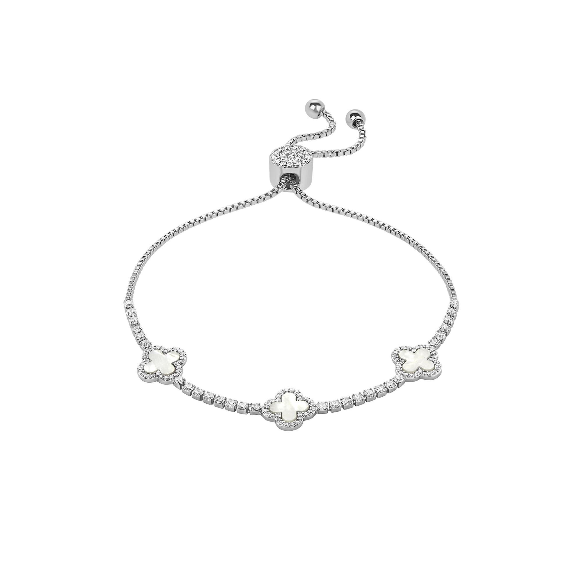 Brilliance Fine Silver Plated Cubic Zirconia and Stone Triple Clover Slider Bracelet, Women's, Size: 4-10" ADJ, Silver Tone White Product Image