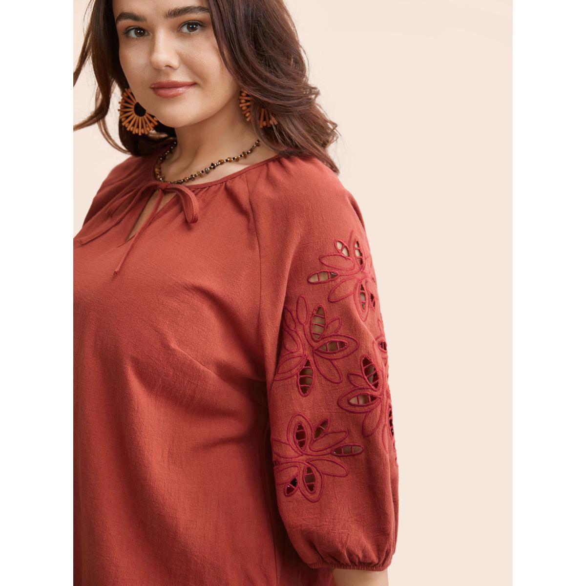 Plus Size Rust Broderie Anglaise Gathered Tie Knot Blouse Women Resort Elbow-length sleeve Round Neck Vacation Blouses BloomChic 28/5X Product Image