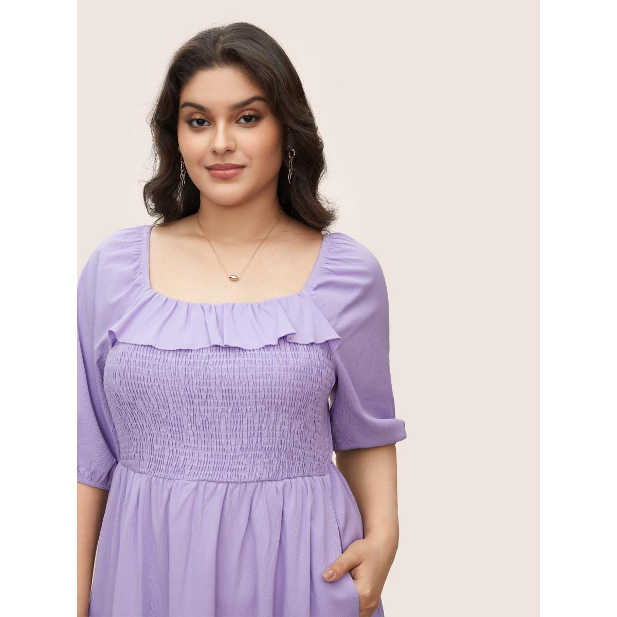 Plus Size Square Neck Solid Ruffle Trim Shirred Dress Lavender Women Elegant Shirred Square Neck Half Sleeve Curvy BloomChic 28/5X Product Image