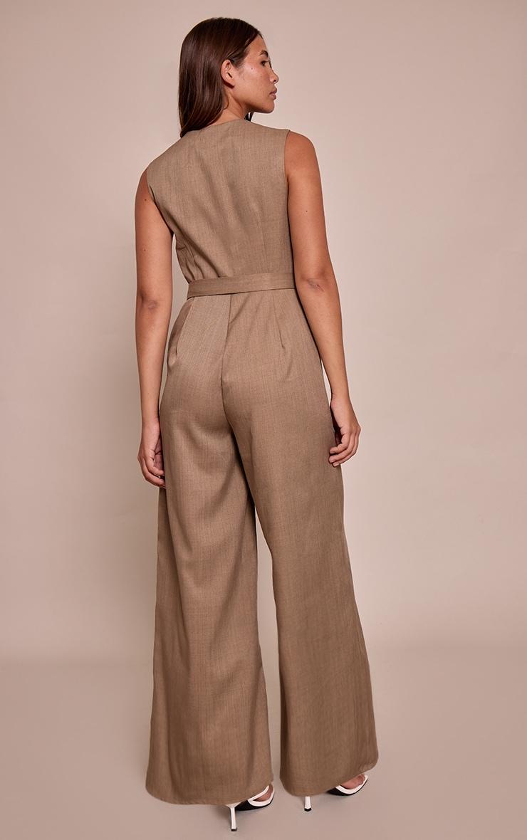 Taupe Woven Button Tie Belt Wide Leg Jumpsuit Product Image