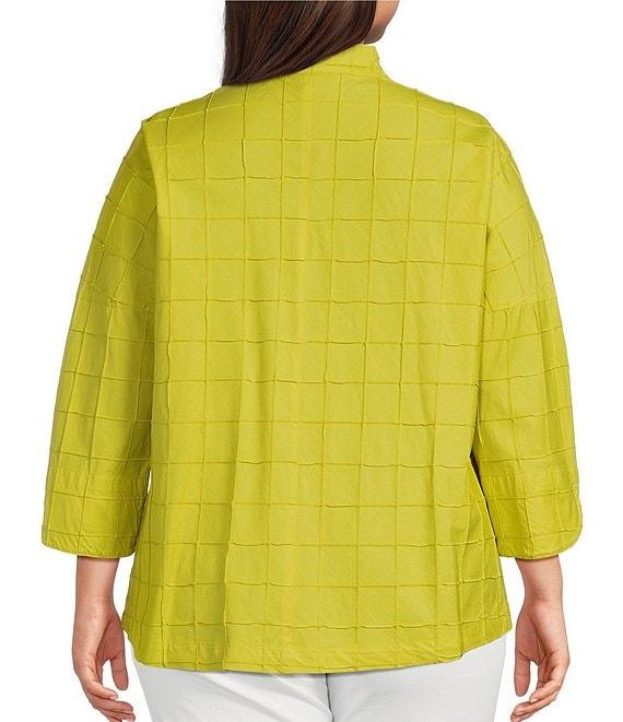 Ali Miles Plus Size Solid Allover Textured Square Pattern Soft Point Collar 3/4 Sleeve Button Front Tunic Product Image