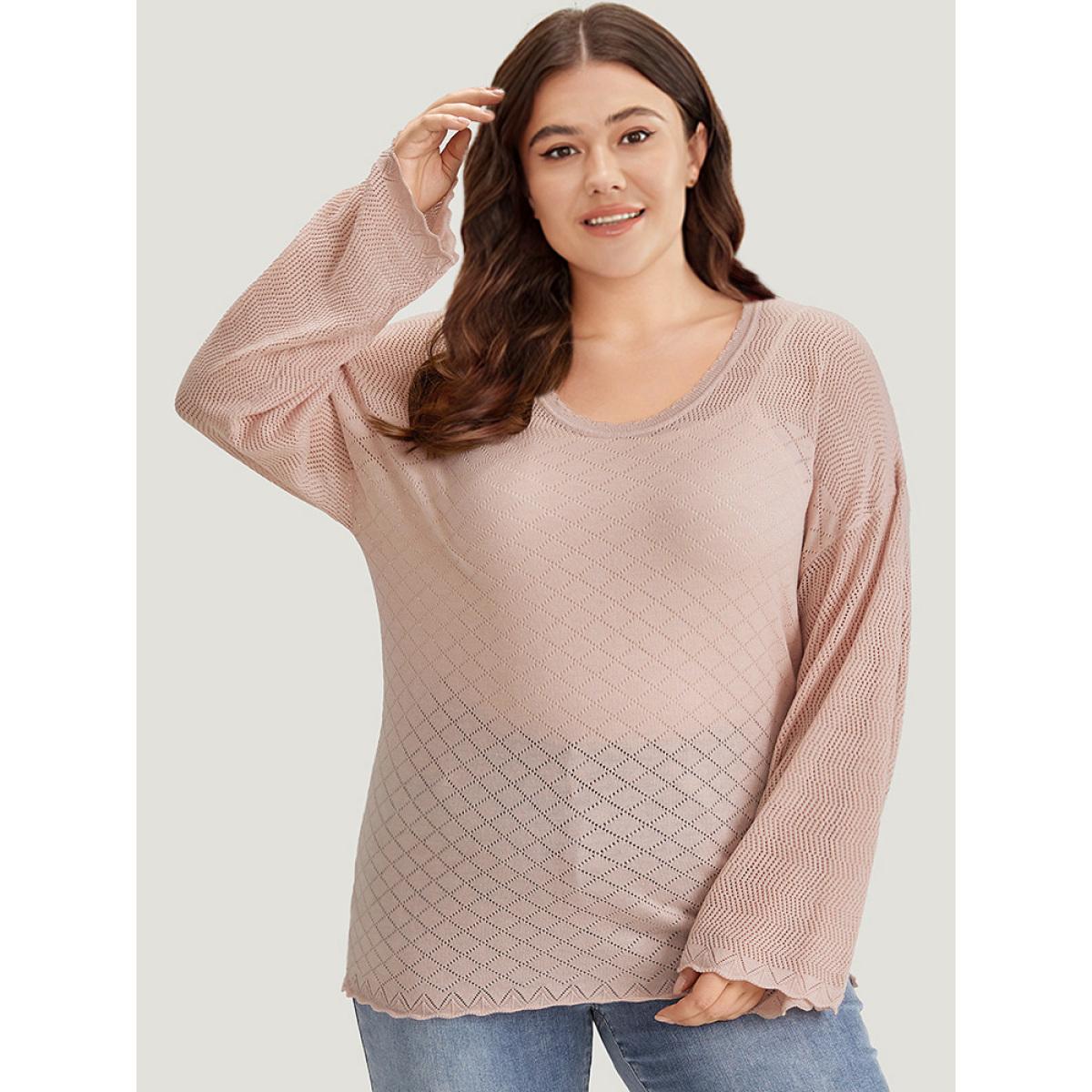 Plus Size Supersoft Essentials Geometric Curved Hem Patchwork Very Stretchy Pullover Pink Women Casual Loose Long Sleeve Round Neck Everyday Pullovers BloomChic 18-20/2X Product Image