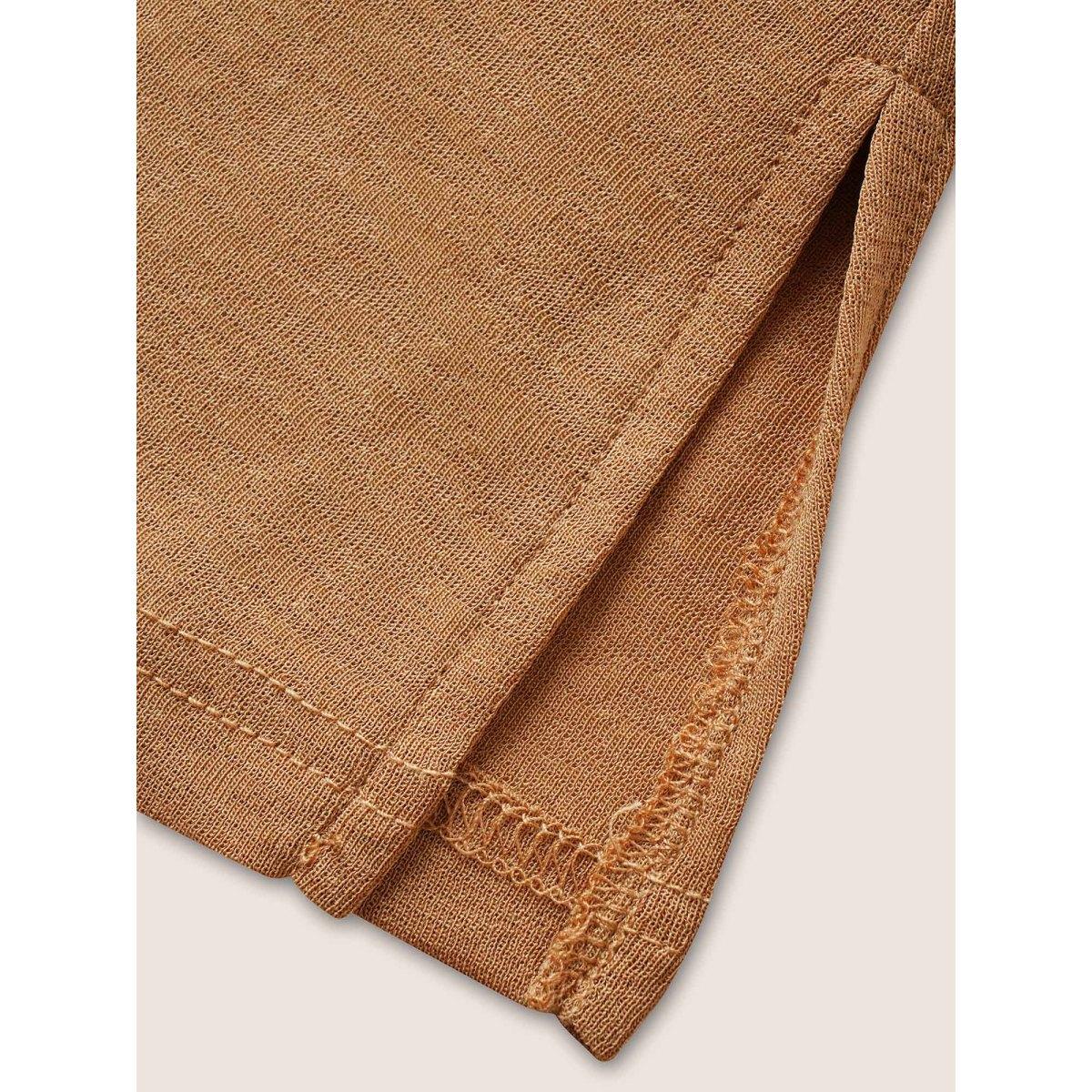 Plus Size Shirt Collar Plain Dolman Sleeve T-shirt Yellowishbrown Women At the Office Non Shirt collar Work T-shirts BloomChic 10/M Product Image