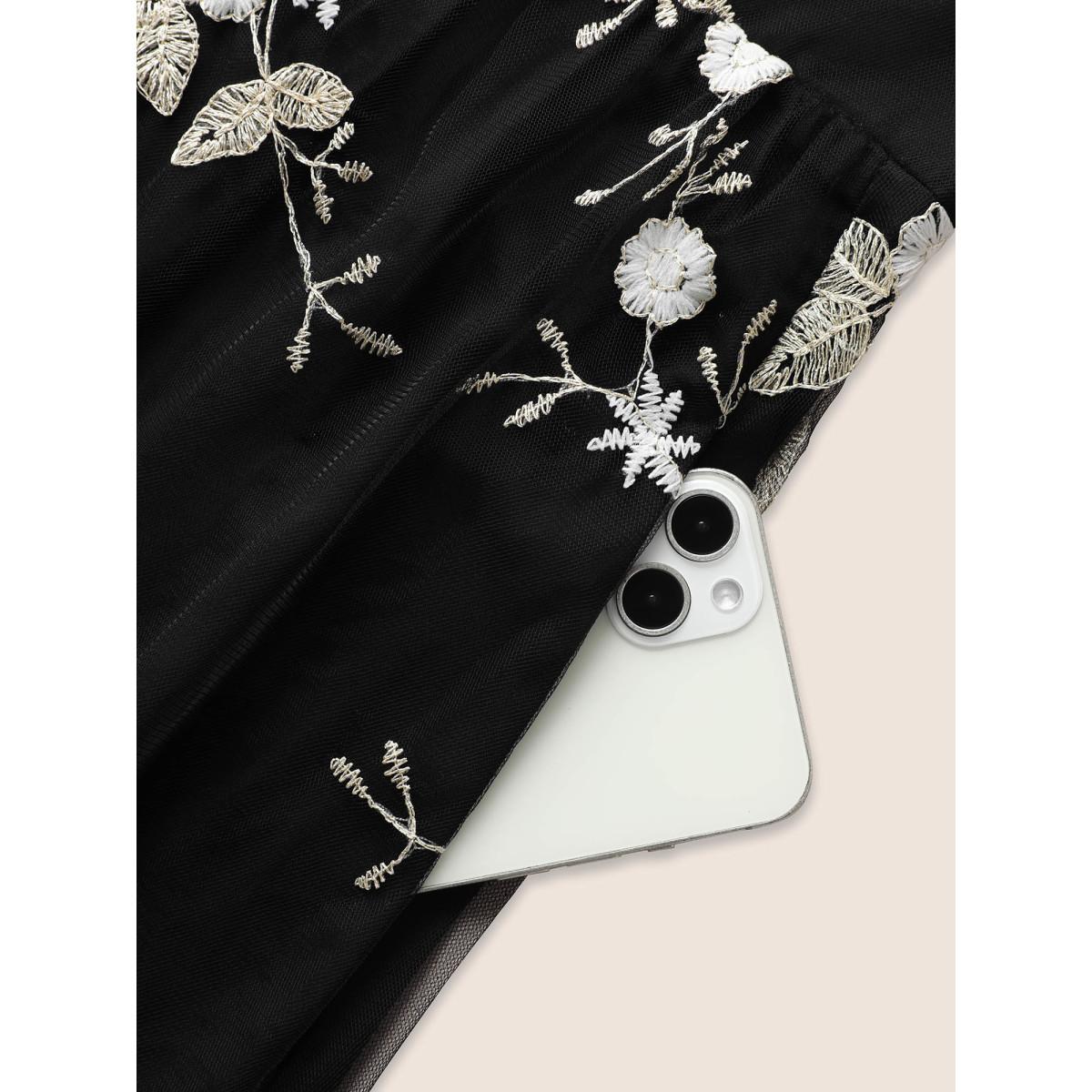 Plus Size Mesh Floral Embroidered Sleeveless Maxi Dress Black Women Formal Gathered Deep V-neck Sleeveless Curvy BloomChic 12/L Product Image