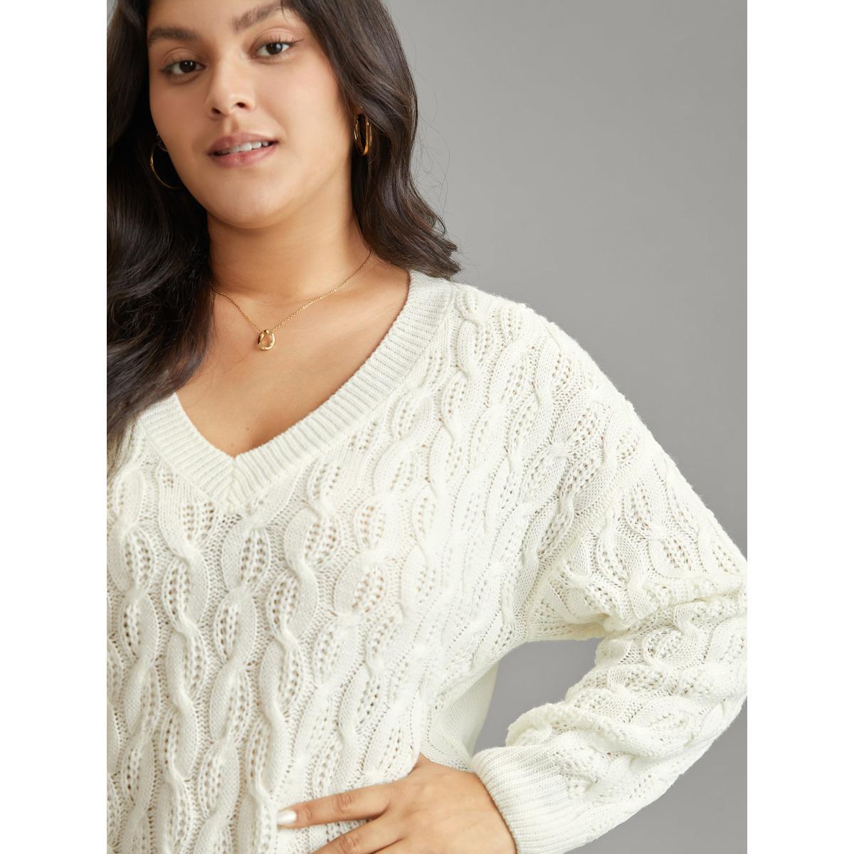 Plus Size Plain V Neck Cable Knit Split Side Pullover Ivory Women Casual Loose Long Sleeve V-neck Dailywear Pullovers BloomChic 30/6X Product Image