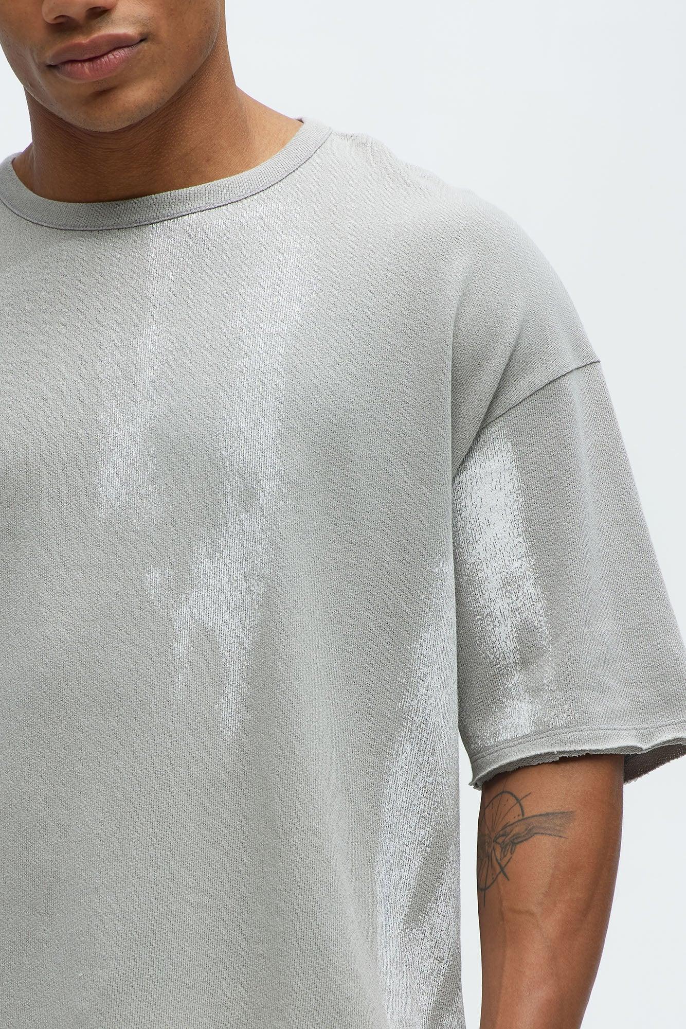 Distressed Printed Cropped Short Sleeve Tee - Grey/combo Product Image