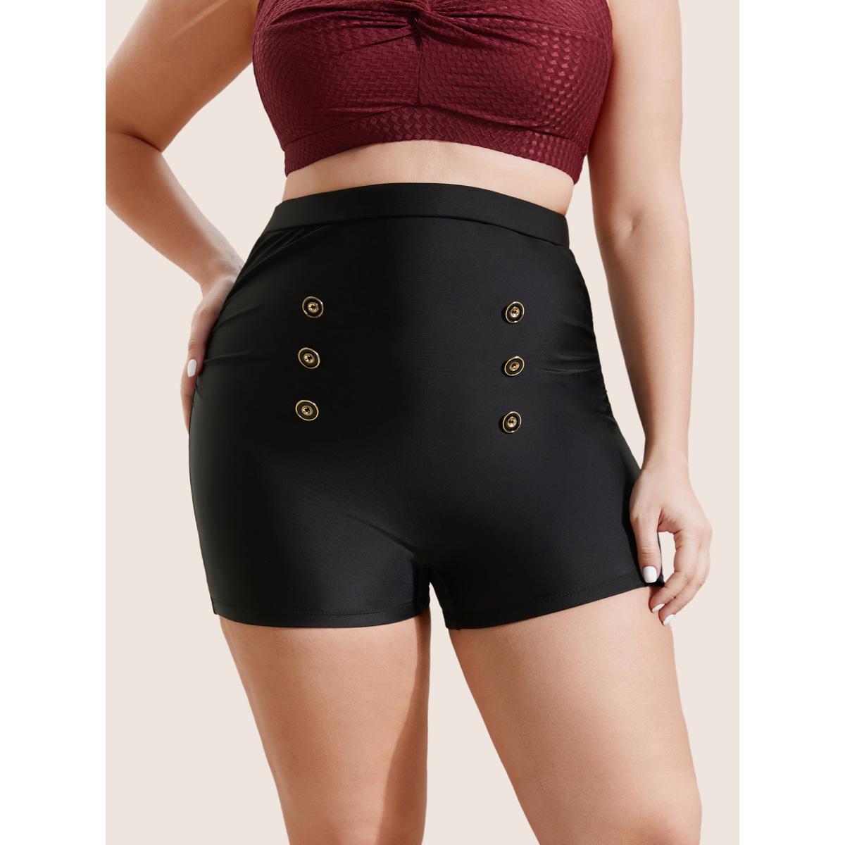 Plus Size Plain Button Detail Skinny Swim Bottom Women's Swimwear Black Beach Button High stretch Skinny High Rise Curve Swim Bottoms BloomChic 10/M Product Image