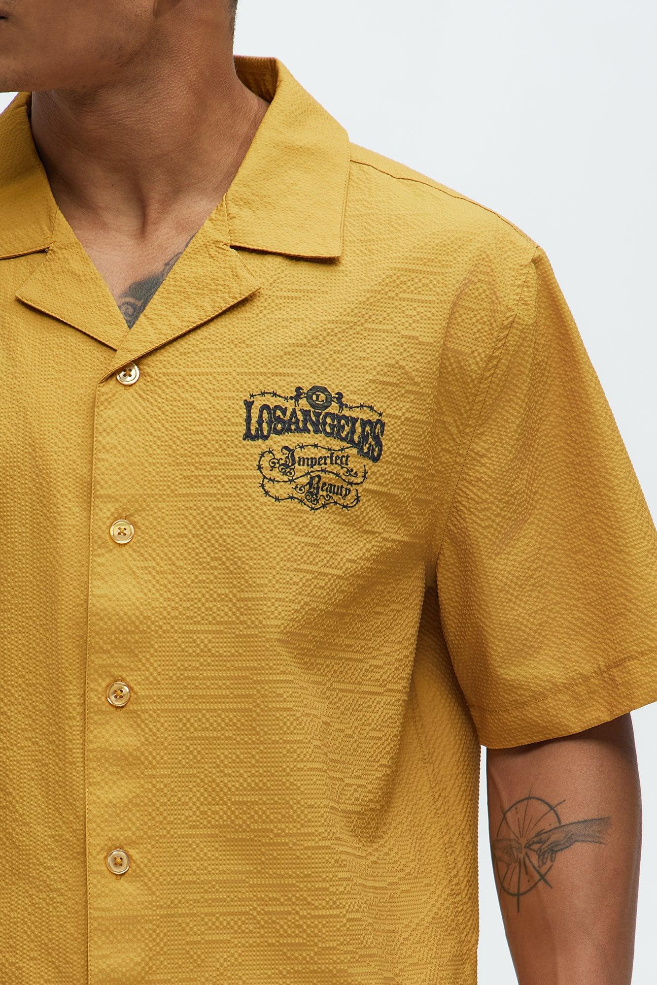 Waffle Crinkled Cuban Collar Shirt - Yellow Product Image