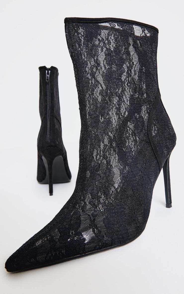 Black Lace Wide Fit Point Toe Stiletto Heel Ankle Boot Product Image