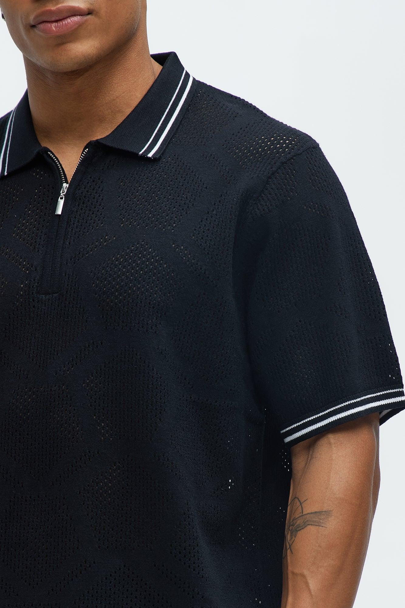 Mesh Pattern Quarter Zip Knit Polo - Black Product Image