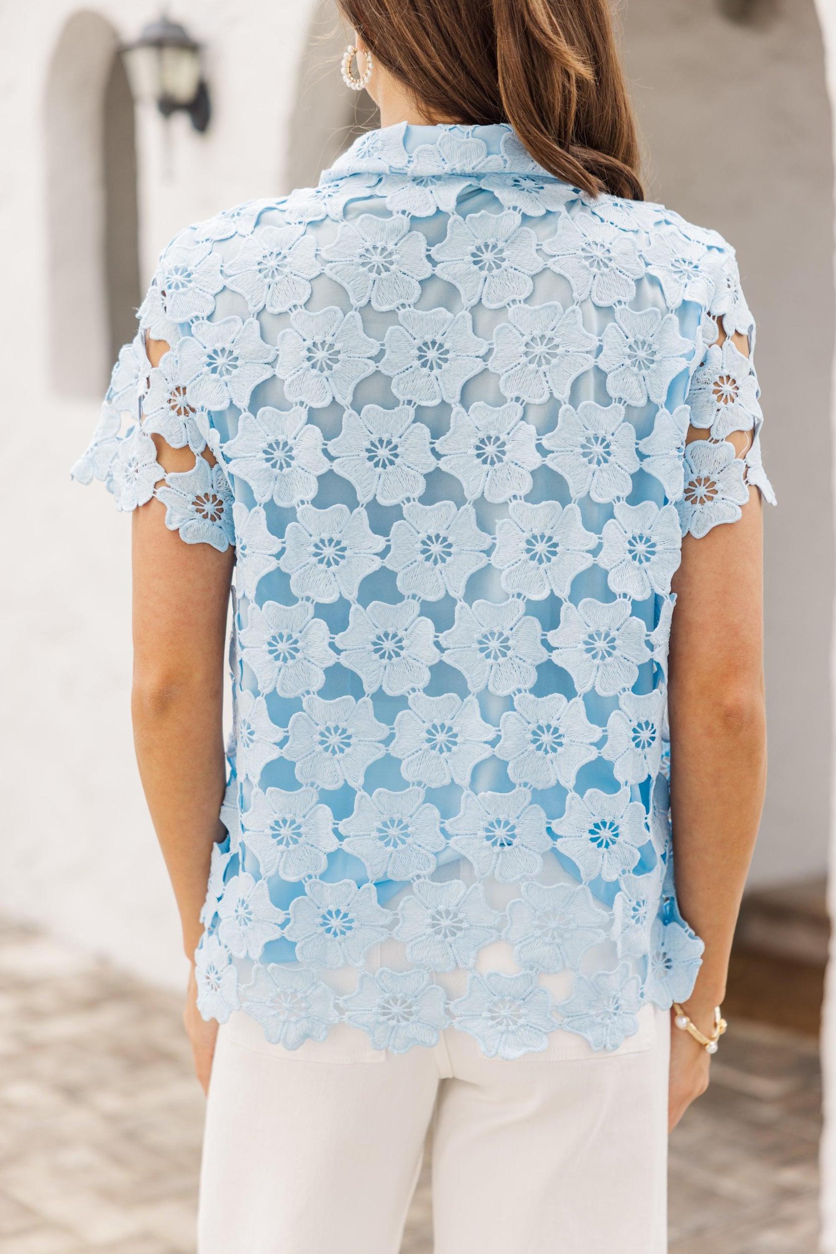 On The Rise Light Blue Crochet Blouse Female Product Image