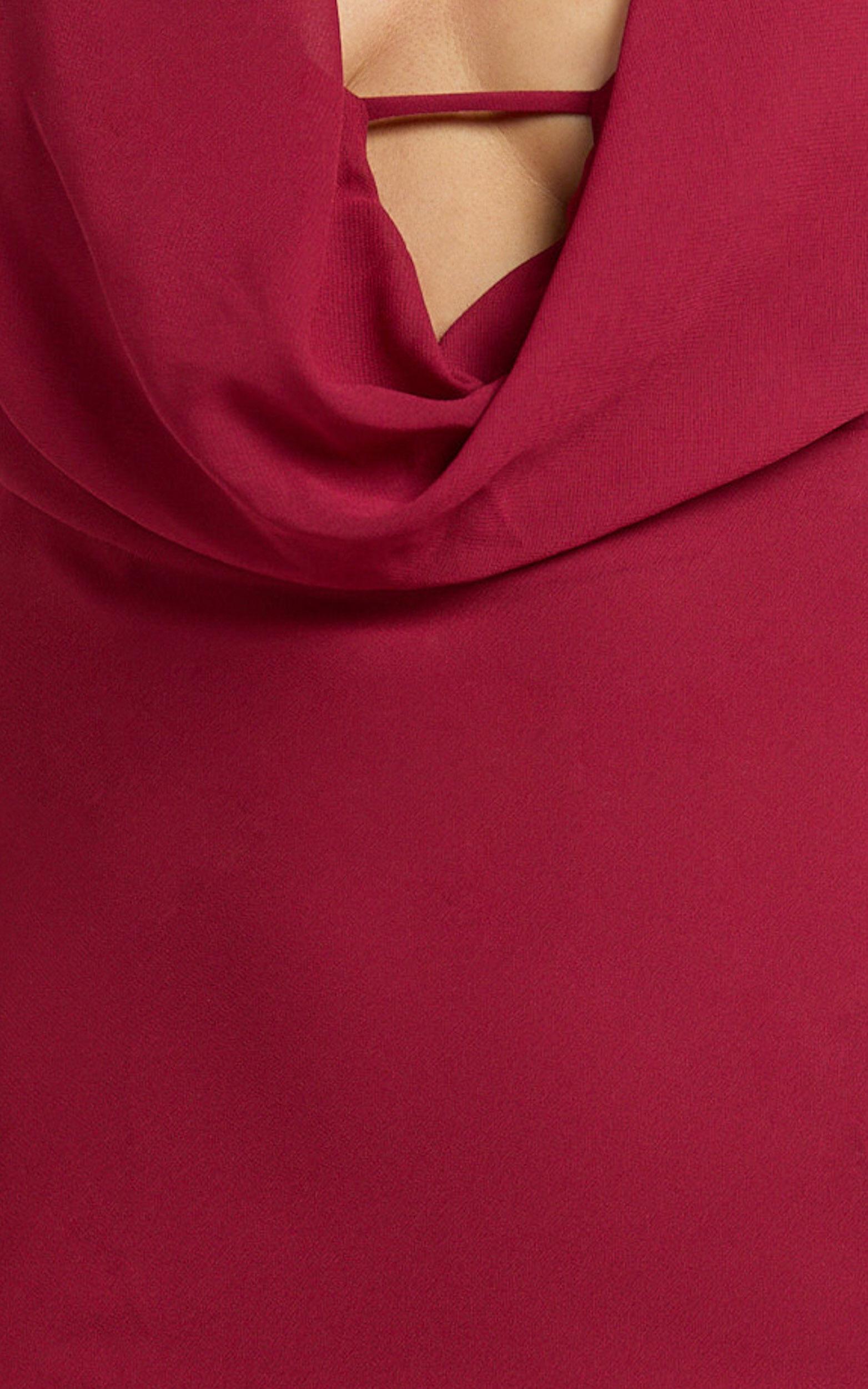 Bijou Mini Dress - Halter Low Cowl Gathered Bodycon Dress in Dark Red Product Image