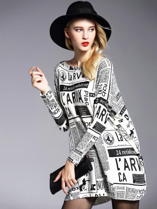 Vintage Loose One-Shoulder Newspaper Printed Split-Joint Sweater Product Image