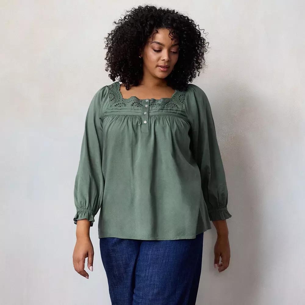 Plus Size LC Lauren Conrad Henley Square Neck Peasant Top, Women's, Size: 1XL, Young Green Product Image