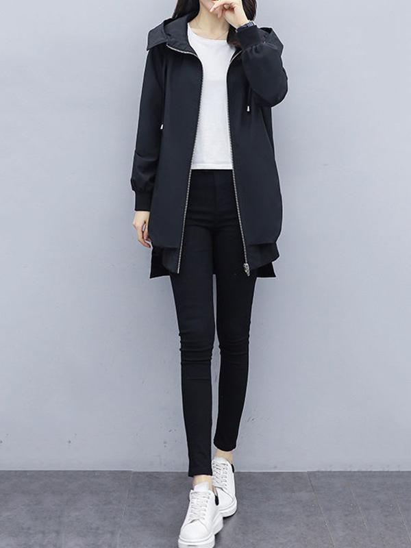 Casual Loose 4 Colors Pleated Zipper Hooded Long Sleeves Outwear Product Image