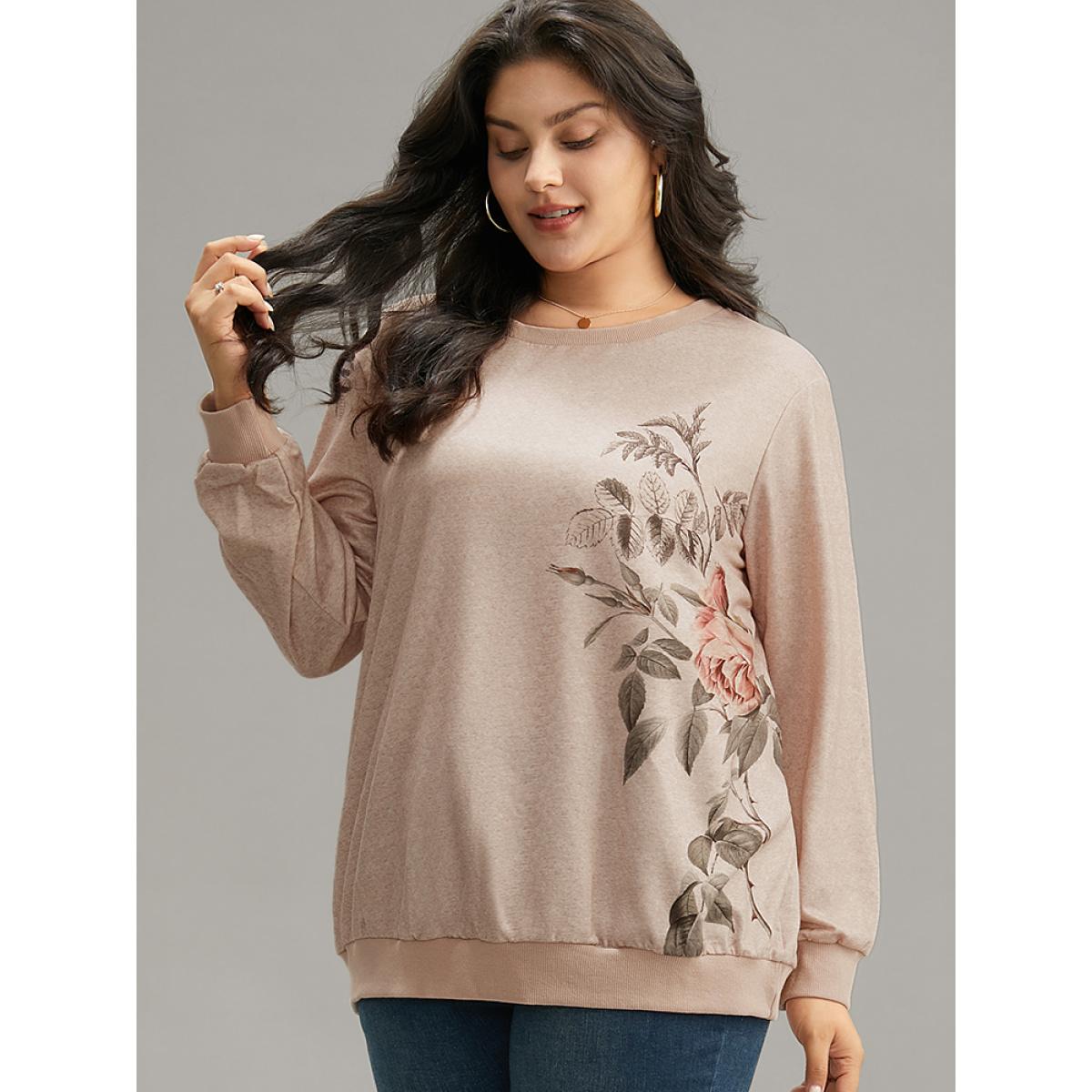 Plus Size Floral Print Elastic Cuffs Sweatshirt Women LightBrown Casual Elastic cuffs Round Neck Dailywear Sweatshirts BloomChic 26/4X Product Image