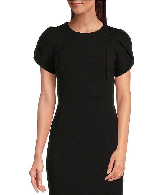 Calvin Klein Crew Neck Short Tulip Sleeve Solid Sheath Stretch Dress Product Image
