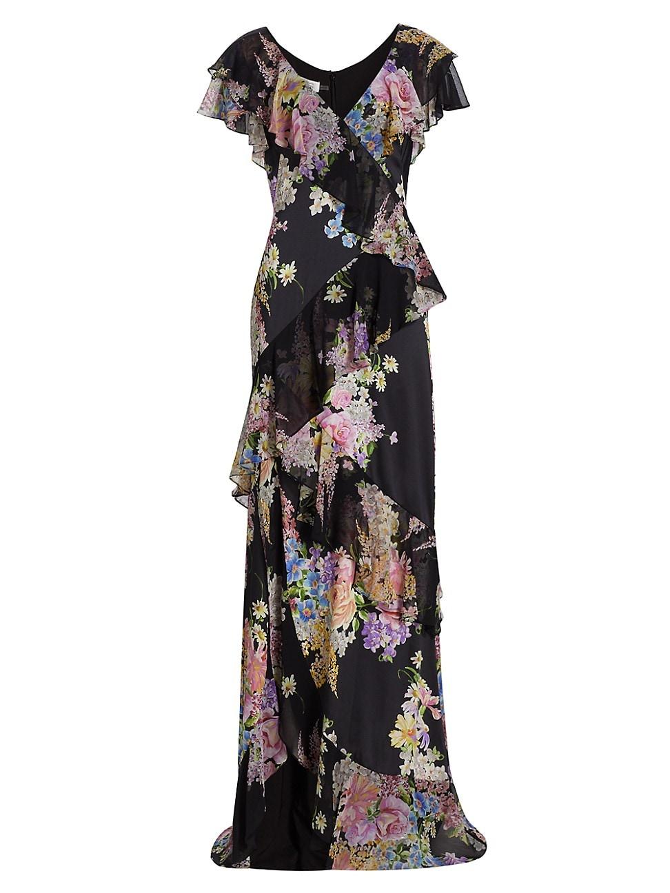 Womens Floral Chiffon Diagonal Ruffle Gown Product Image