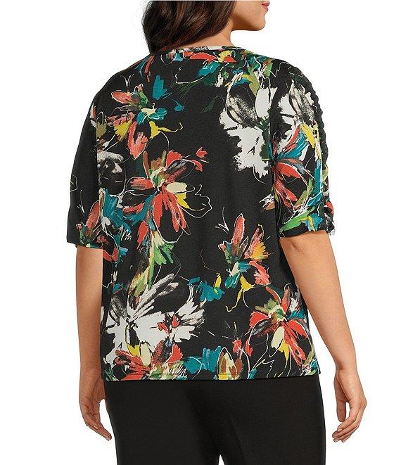 Investments Plus Size Knit Floral Garden Gestures Elbow Length Sleeve Crew Neck Top Product Image