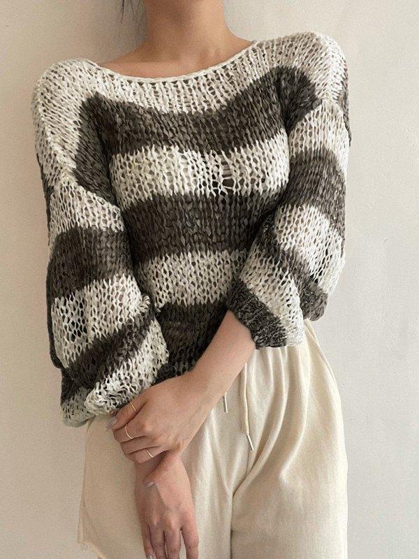 Long Sleeve Striped Crochet Knit Top Product Image