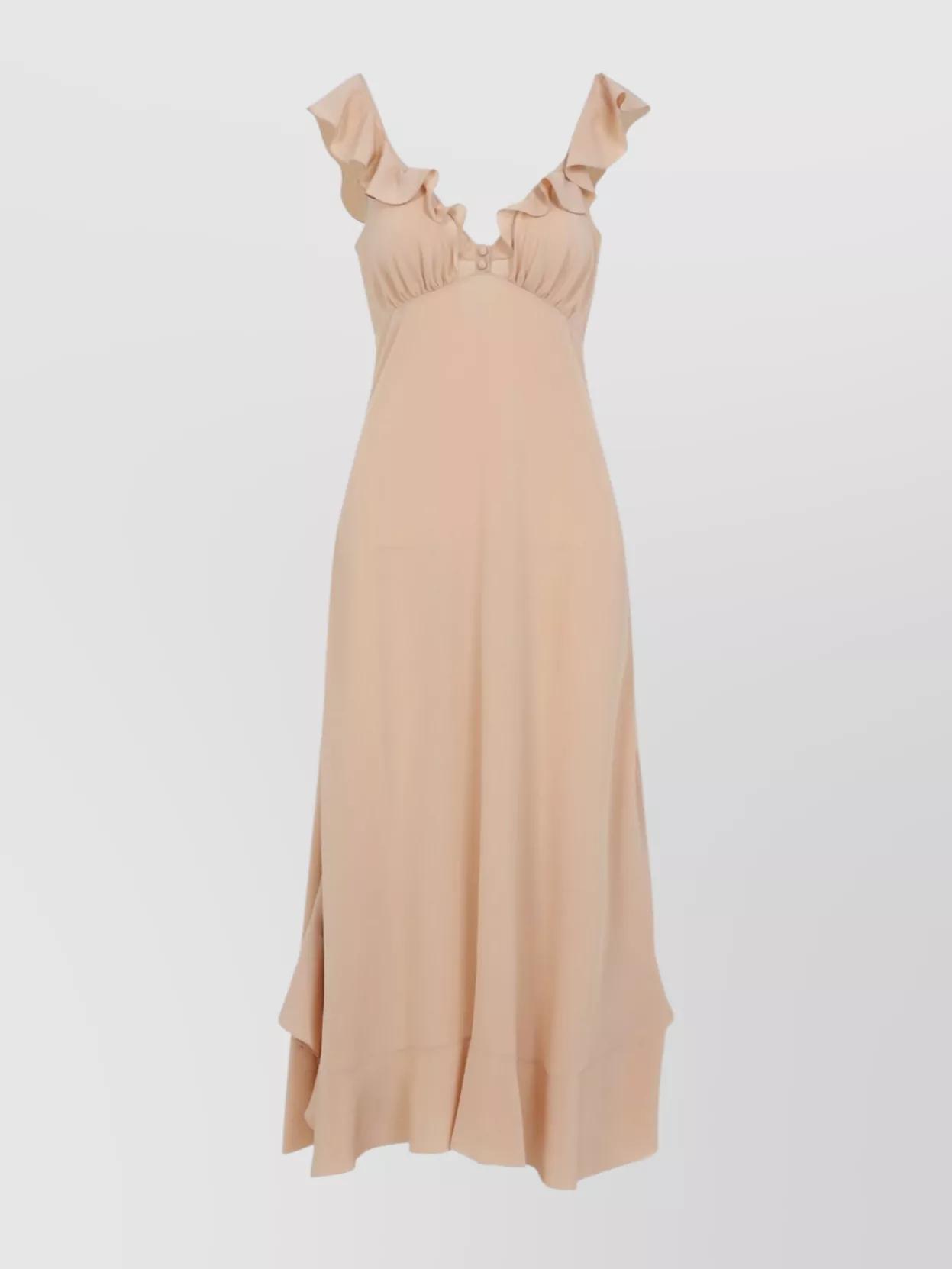 CHLOÉ Long Silk Dress With Flared Skirt And Ruffled Straps In Beige Product Image