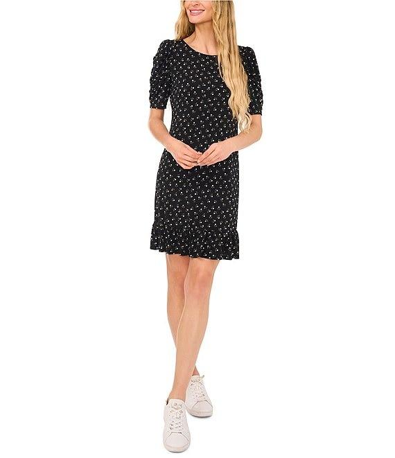 CeCe Crew Neck Short Puffed Sleeve Polka Dot Dress Product Image
