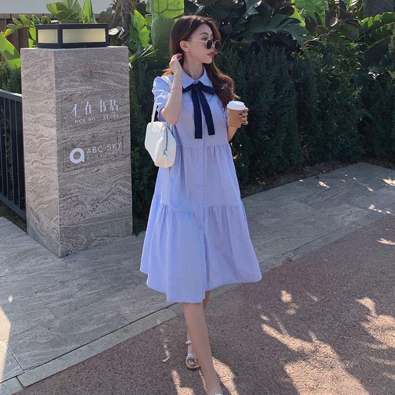 Maternity Short-Sleeve Collared Bow Tie A-Line Shirt Dress Product Image