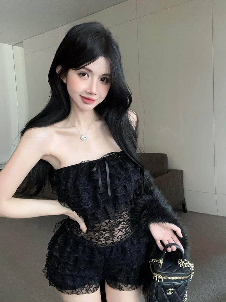 Plain Bow Tiered Lace Tube Romper Product Image