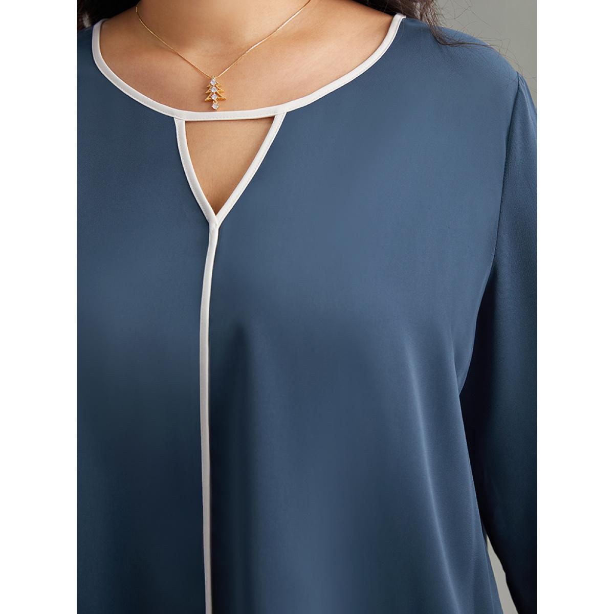 Plus Size Indigo Two Tone Keyhole Bell Sleeve Blouse Women Office Long Sleeve Keyhole Cut-Out Office Blouses BloomChic 28/5X Product Image
