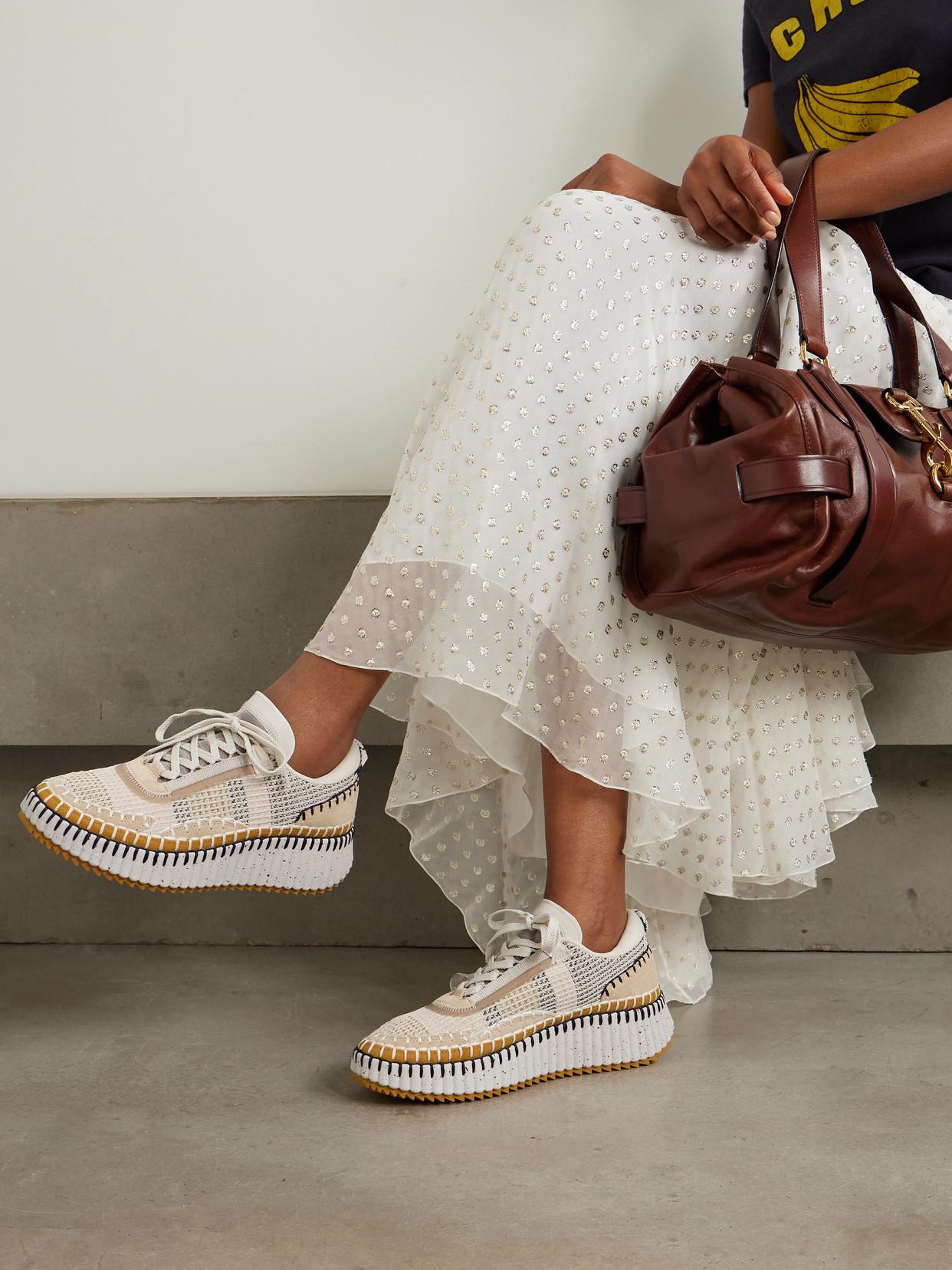 CHLOÉ Nama Embroidered Suede And Recycled-mesh Sneakers In Biscotti Beige Product Image