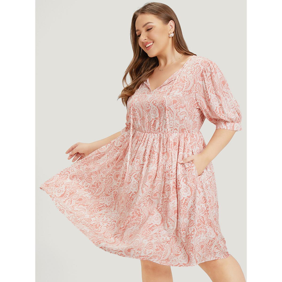 Plus Size Floral Puff Sleeve Pocket Flutter Keyhole Knot Neck Dress Coral Women Vacation Ruffles Tie Neck Short sleeve Curvy Knee Dress BloomChic 14-16/1X Product Image