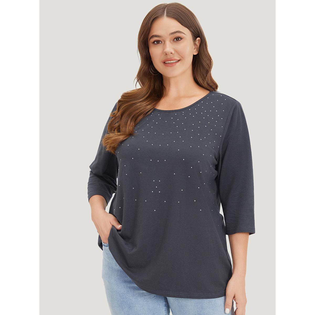 Plus Size Solid Rhinestone Detail Crew Neck T-shirt Indigo Women Elegant Plain Round Neck Dailywear T-shirts BloomChic 22-24/3X Product Image