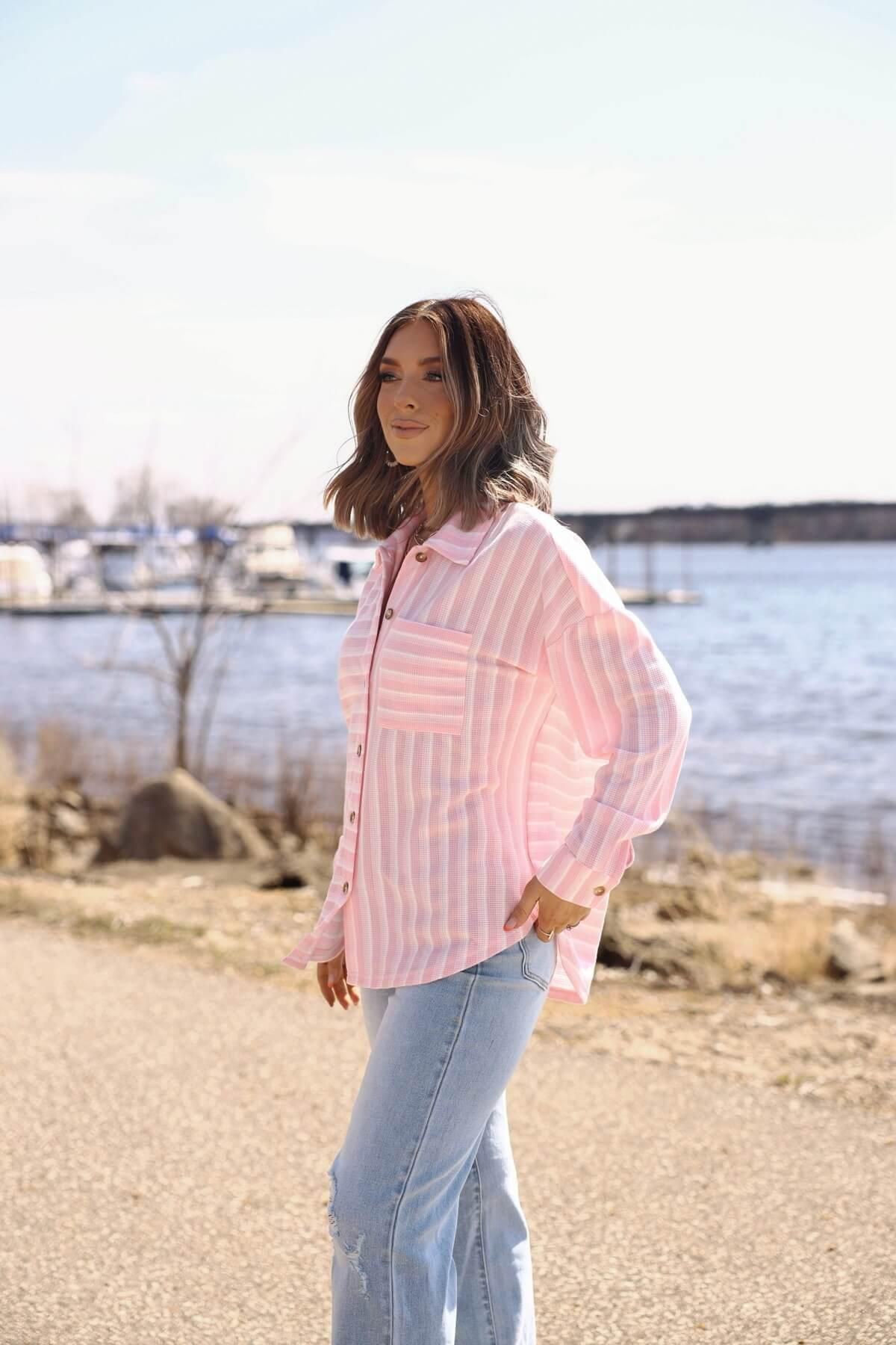 Glenn Pink and White Striped Button Down Top - FINAL SALE Product Image