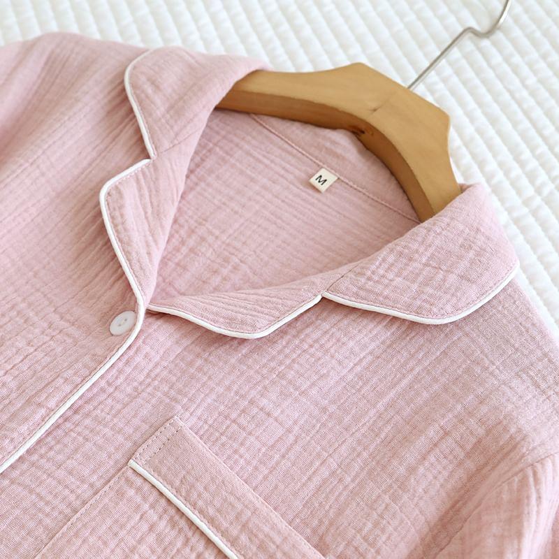 Couple Matching Short-Sleeve Lapel Collar Contrast Trim Button Pajama Top (Various Designs) Product Image